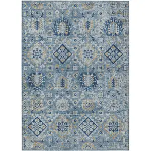 Photo of Denim Blue And Gold Floral Medallion Washable Indoor Outdoor Area Rug