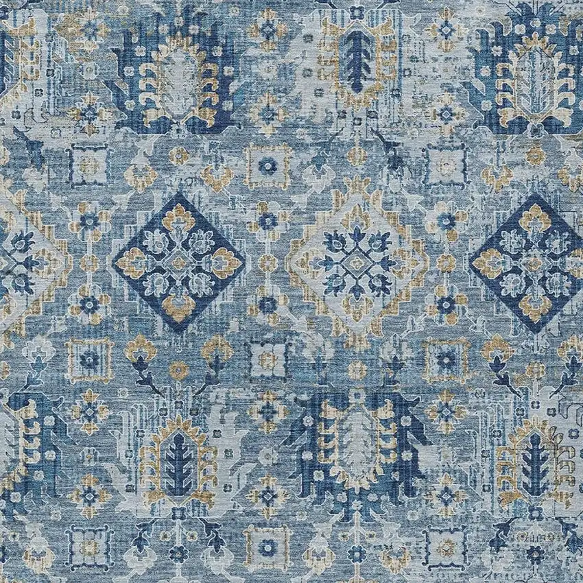 Denim Blue And Gold Floral Medallion Washable Indoor Outdoor Area Rug Photo 8