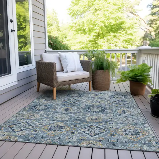 Denim Blue And Gold Floral Medallion Washable Indoor Outdoor Area Rug Photo 8