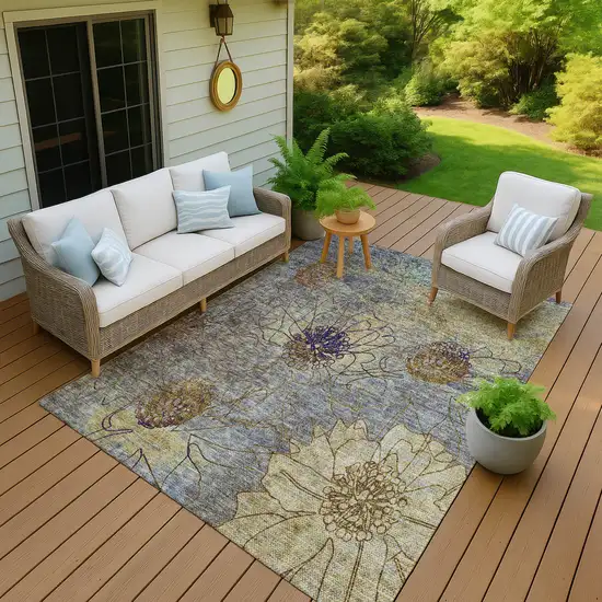 Denim Blue And Gold Floral Washable Indoor Outdoor Area Rug Photo 7