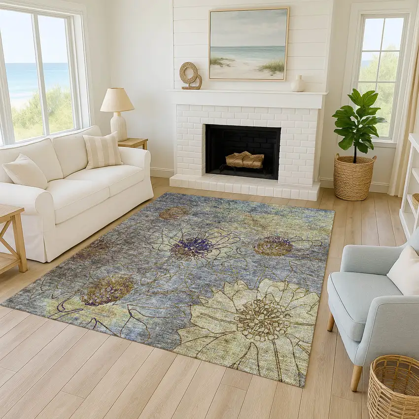 Denim Blue And Gold Floral Washable Indoor Outdoor Area Rug Photo 8