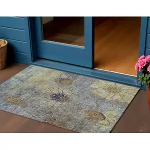 Photo of Denim Blue And Gold Floral Washable Indoor Outdoor Area Rug