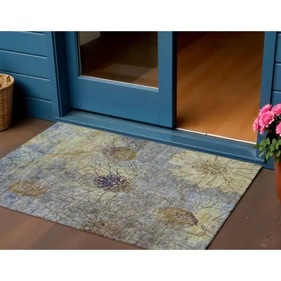 Denim Blue And Gold Floral Washable Indoor Outdoor Area Rug Photo 1