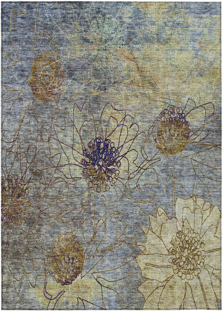 Denim Blue And Gold Floral Washable Indoor Outdoor Area Rug Photo 2