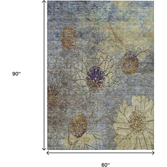 Denim Blue And Gold Floral Washable Indoor Outdoor Area Rug Photo 3