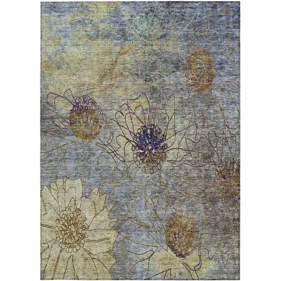 Denim Blue And Gold Floral Washable Indoor Outdoor Area Rug Photo 5