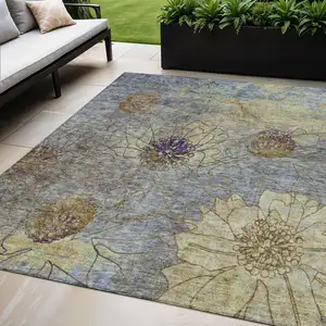 Photo of Denim Blue And Gold Floral Washable Indoor Outdoor Area Rug