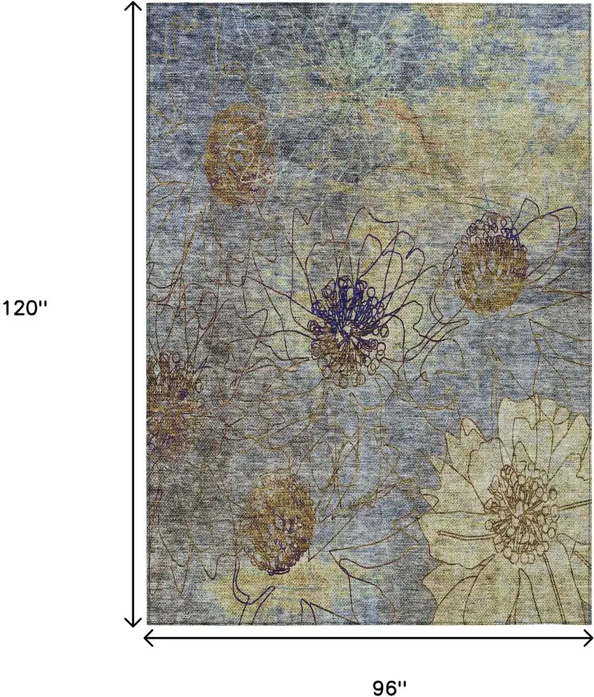 Denim Blue And Gold Floral Washable Indoor Outdoor Area Rug Photo 3