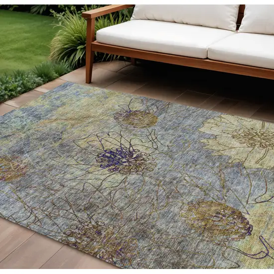Denim Blue And Gold Floral Washable Indoor Outdoor Area Rug Photo 1