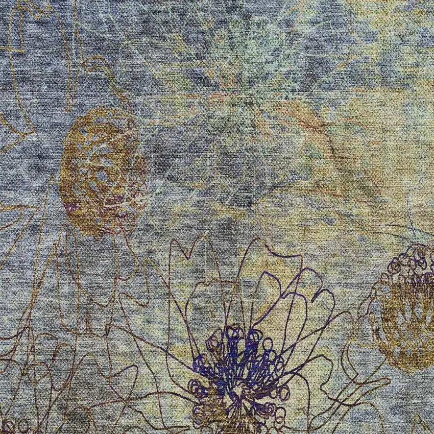 Denim Blue And Gold Floral Washable Indoor Outdoor Area Rug Photo 7
