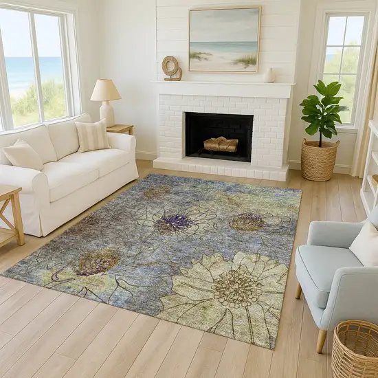 Denim Blue And Gold Floral Washable Indoor Outdoor Area Rug Photo 8