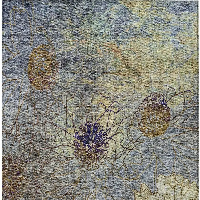 Denim Blue And Gold Floral Washable Indoor Outdoor Area Rug Photo 5