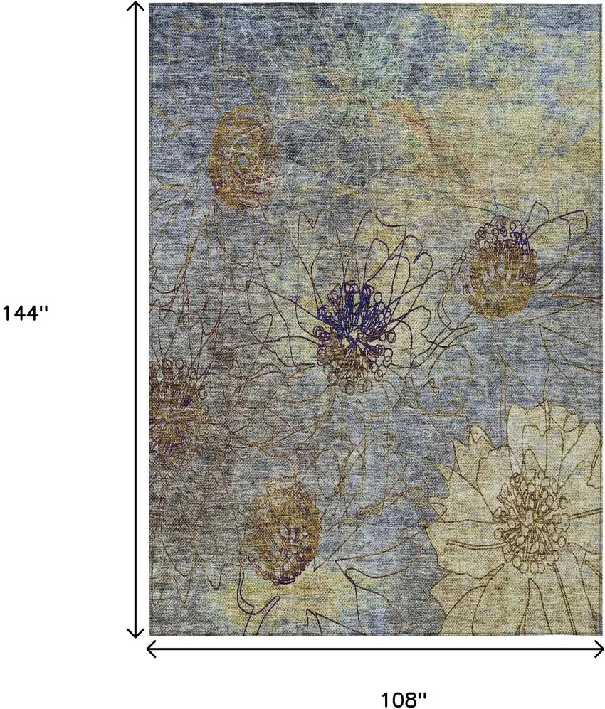 Denim Blue And Gold Floral Washable Indoor Outdoor Area Rug Photo 3