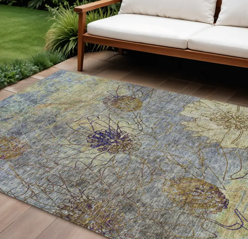 Denim Blue And Gold Floral Washable Indoor Outdoor Area Rug Photo 1