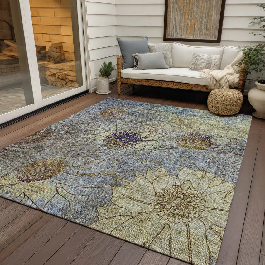Denim Blue And Gold Floral Washable Indoor Outdoor Area Rug Photo 9