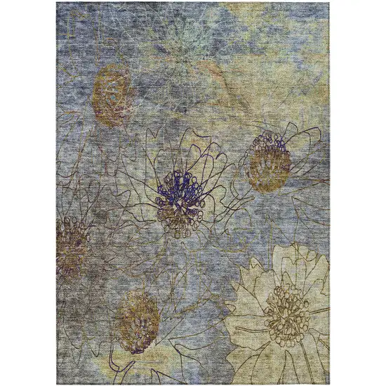 Denim Blue And Gold Floral Washable Indoor Outdoor Area Rug Photo 2