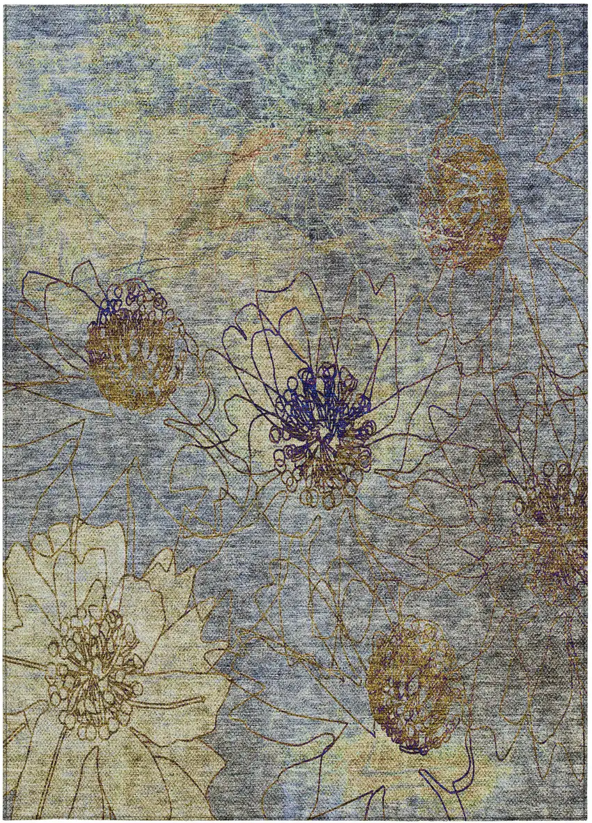 Denim Blue And Gold Floral Washable Indoor Outdoor Area Rug Photo 5