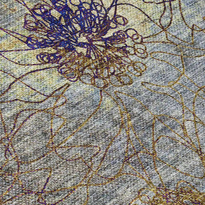 Denim Blue And Gold Floral Washable Indoor Outdoor Area Rug Photo 7