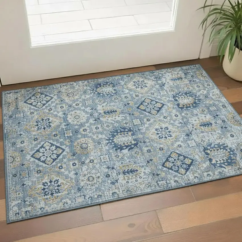 Denim Blue And Gold Oriental Washable Area Rug With UV Protection Photo 2