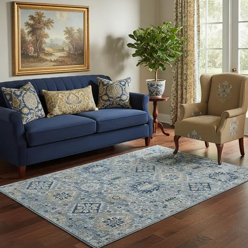 Denim Blue And Gold Oriental Washable Area Rug With UV Protection Photo 2