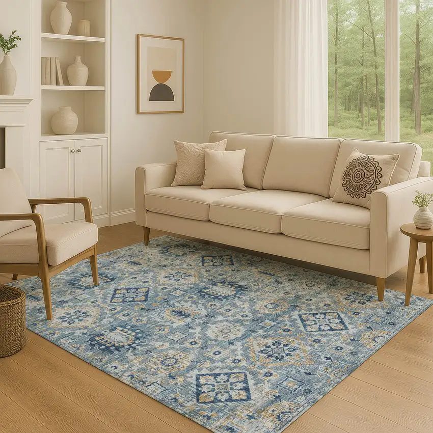 Denim Blue And Gold Oriental Washable Area Rug With UV Protection Photo 5