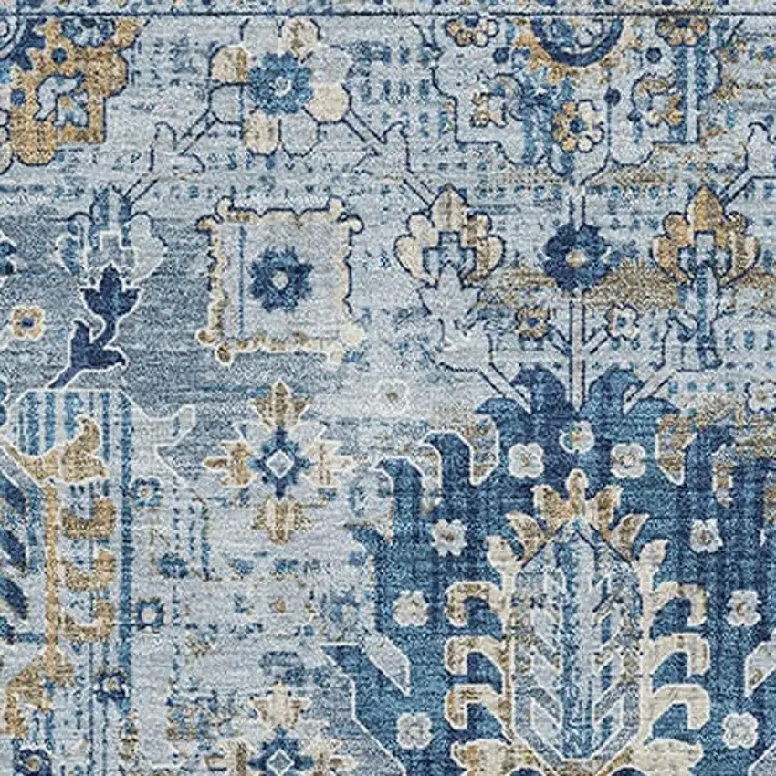 Denim Blue And Gold Oriental Washable Area Rug With UV Protection Photo 3