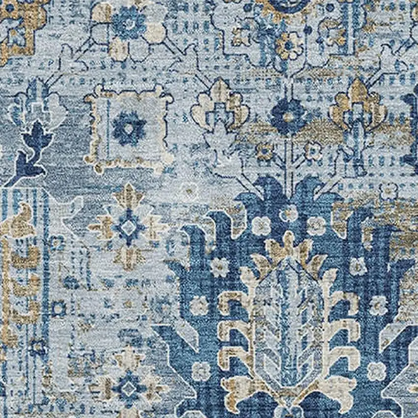 Denim Blue And Gold Oriental Washable Area Rug With UV Protection Photo 3