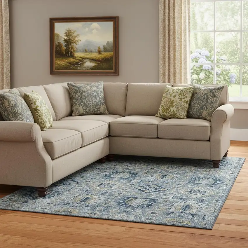 Denim Blue And Gold Oriental Washable Area Rug With UV Protection Photo 2