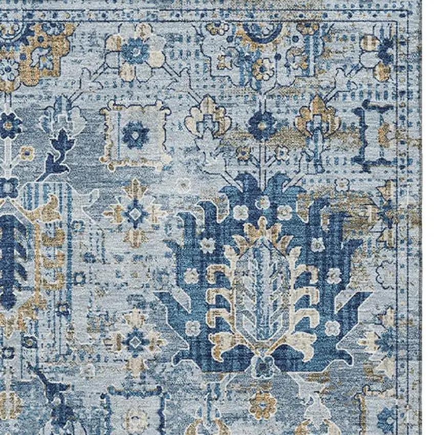 Denim Blue And Gold Oriental Washable Area Rug With UV Protection Photo 4