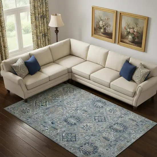 Denim Blue And Gold Oriental Washable Area Rug With UV Protection Photo 2