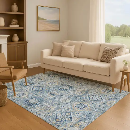 Denim Blue And Gold Oriental Washable Area Rug With UV Protection Photo 6