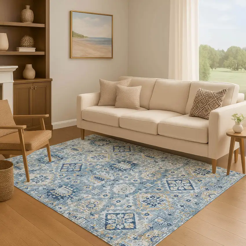 Denim Blue And Gold Oriental Washable Area Rug With UV Protection Photo 6