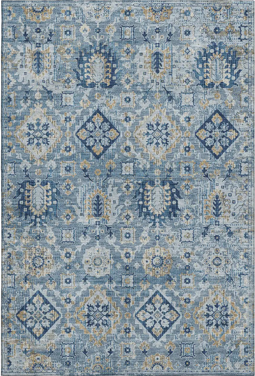 Denim Blue And Gold Oriental Washable Area Rug With UV Protection Photo 1