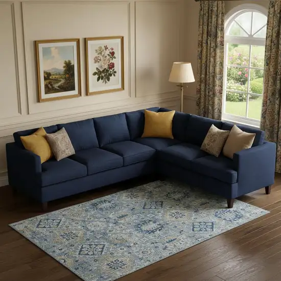 Denim Blue And Gold Oriental Washable Area Rug With UV Protection Photo 2