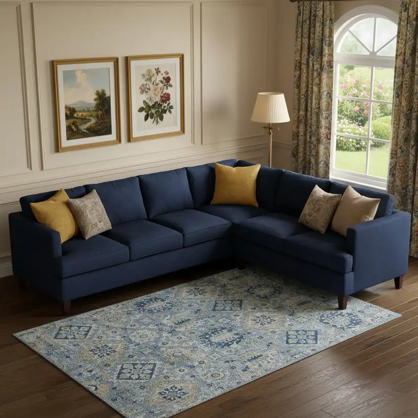 Denim Blue And Gold Oriental Washable Area Rug With UV Protection Photo 2