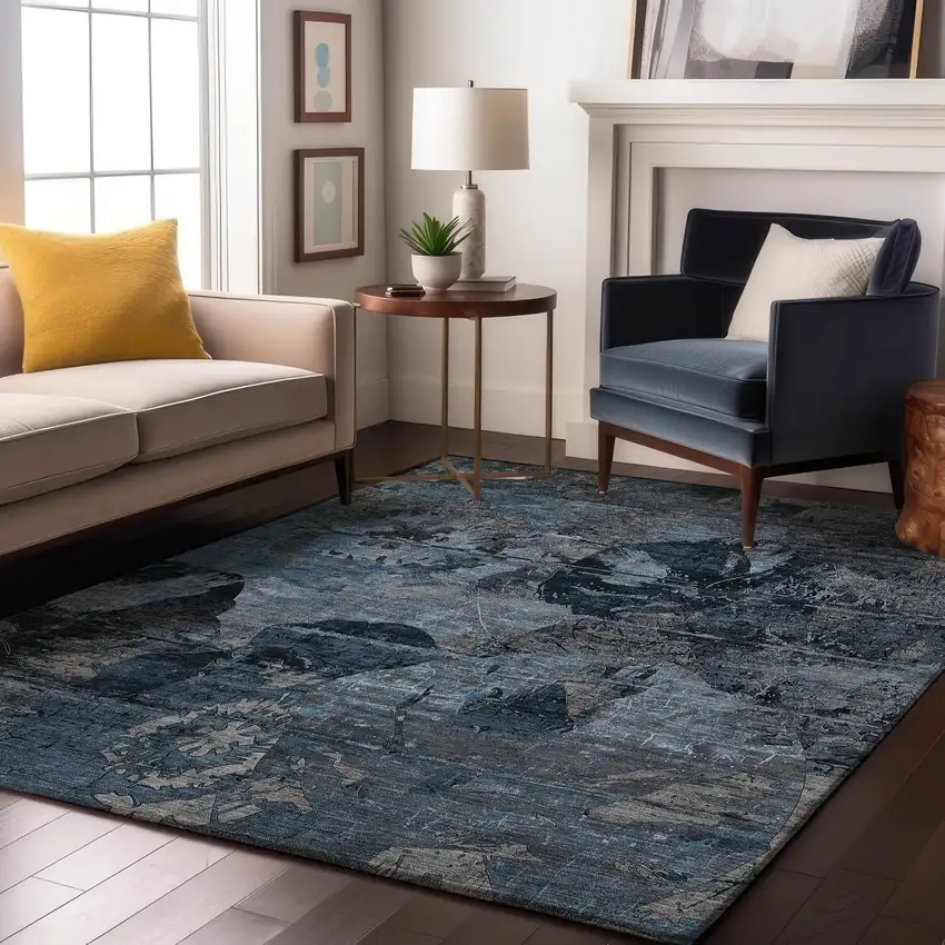 Denim Blue And Gray Abstract Washable Area Rug With UV Protection Photo 3