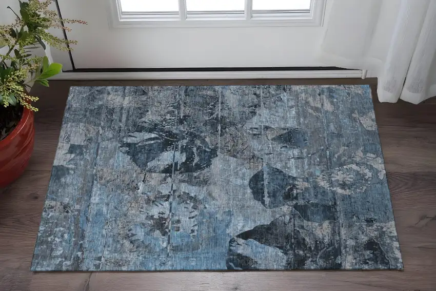 Denim Blue And Gray Abstract Washable Area Rug With UV Protection Photo 2
