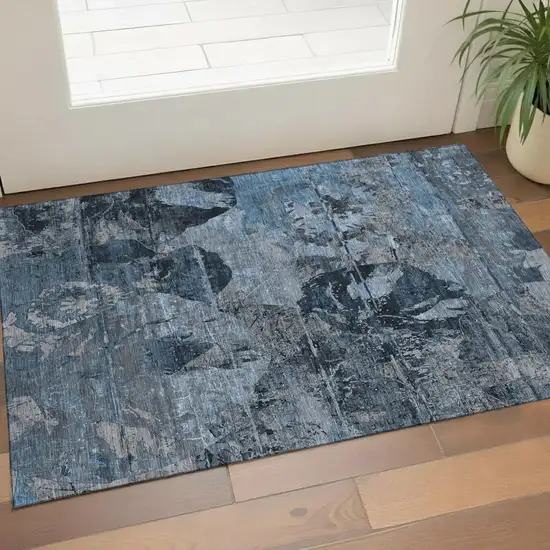 Denim Blue And Gray Abstract Washable Area Rug With UV Protection Photo 1