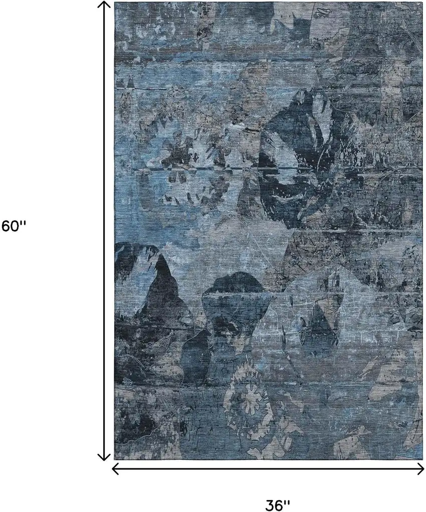 Denim Blue And Gray Abstract Washable Area Rug With UV Protection Photo 5