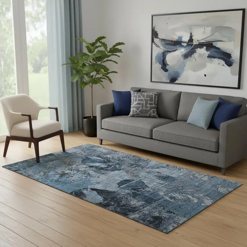 Denim Blue And Gray Abstract Washable Area Rug With UV Protection Photo 1