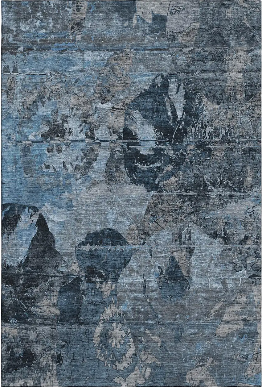 Denim Blue And Gray Abstract Washable Area Rug With UV Protection Photo 1