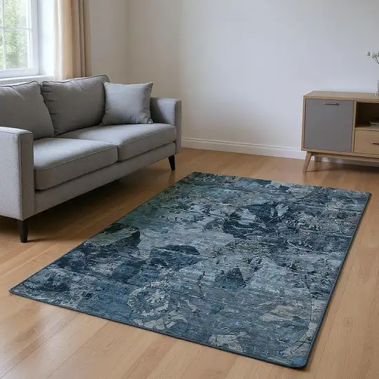 Denim Blue And Gray Abstract Washable Area Rug With UV Protection Photo 2