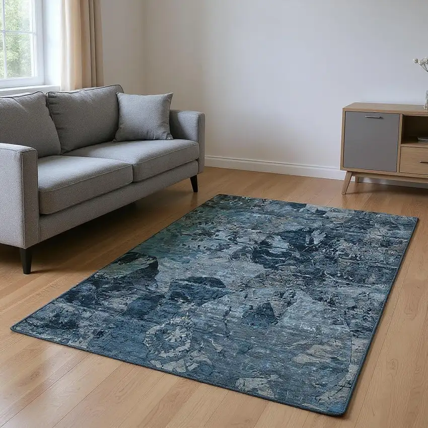 Denim Blue And Gray Abstract Washable Area Rug With UV Protection Photo 2