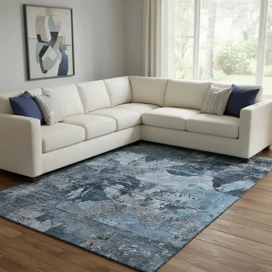Denim Blue And Gray Abstract Washable Area Rug With UV Protection Photo 1