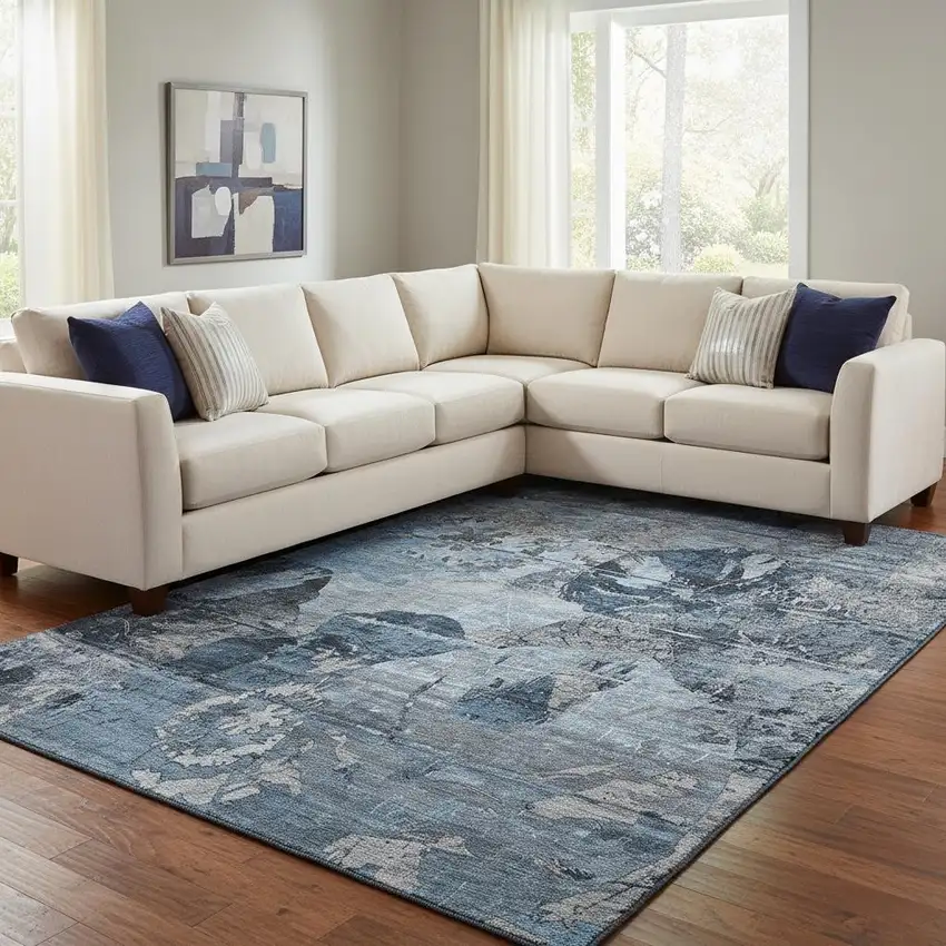 Denim Blue And Gray Abstract Washable Area Rug With UV Protection Photo 1