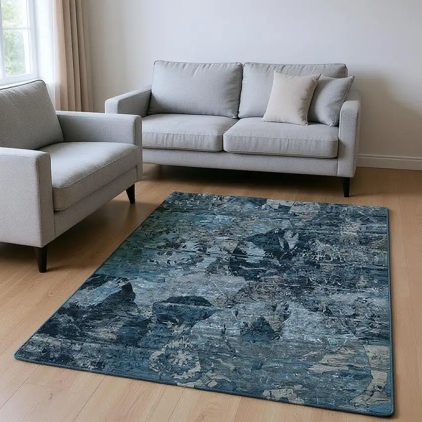 Denim Blue And Gray Abstract Washable Area Rug With UV Protection Photo 2