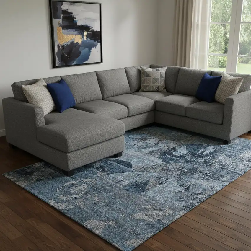 Denim Blue And Gray Abstract Washable Area Rug With UV Protection Photo 1