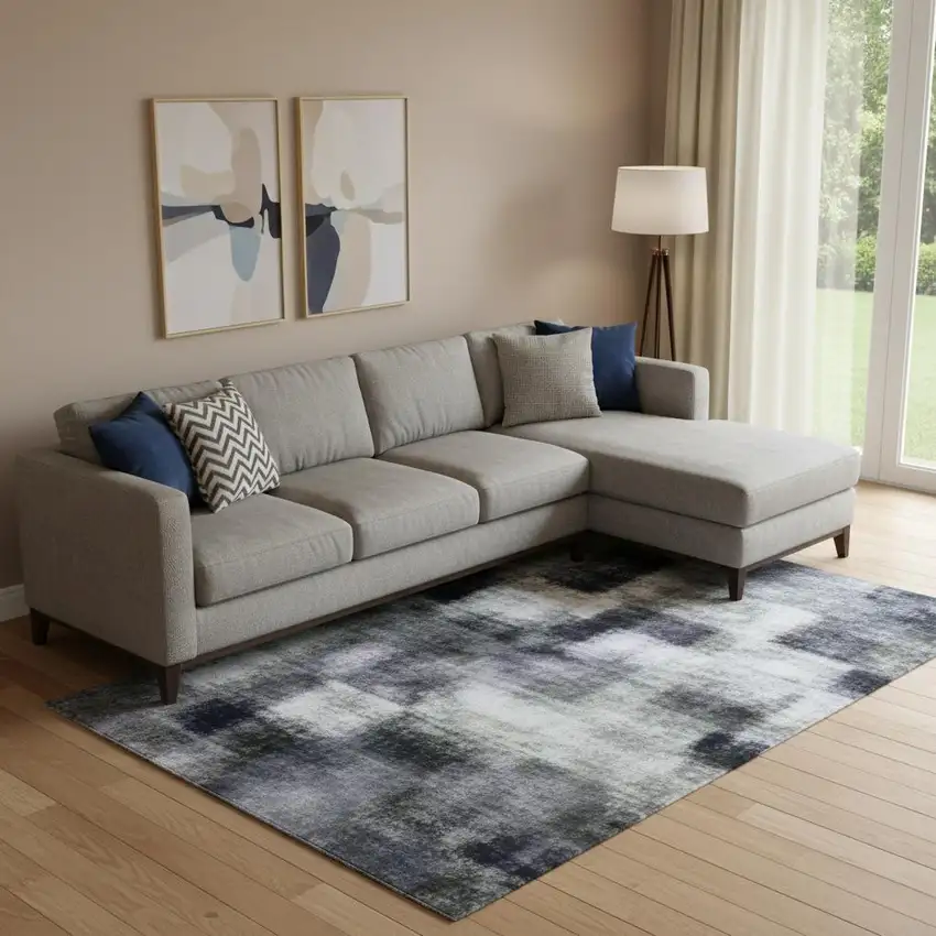 Denim Blue And Gray Abstract Washable Area Rug With UV Protection Photo 2