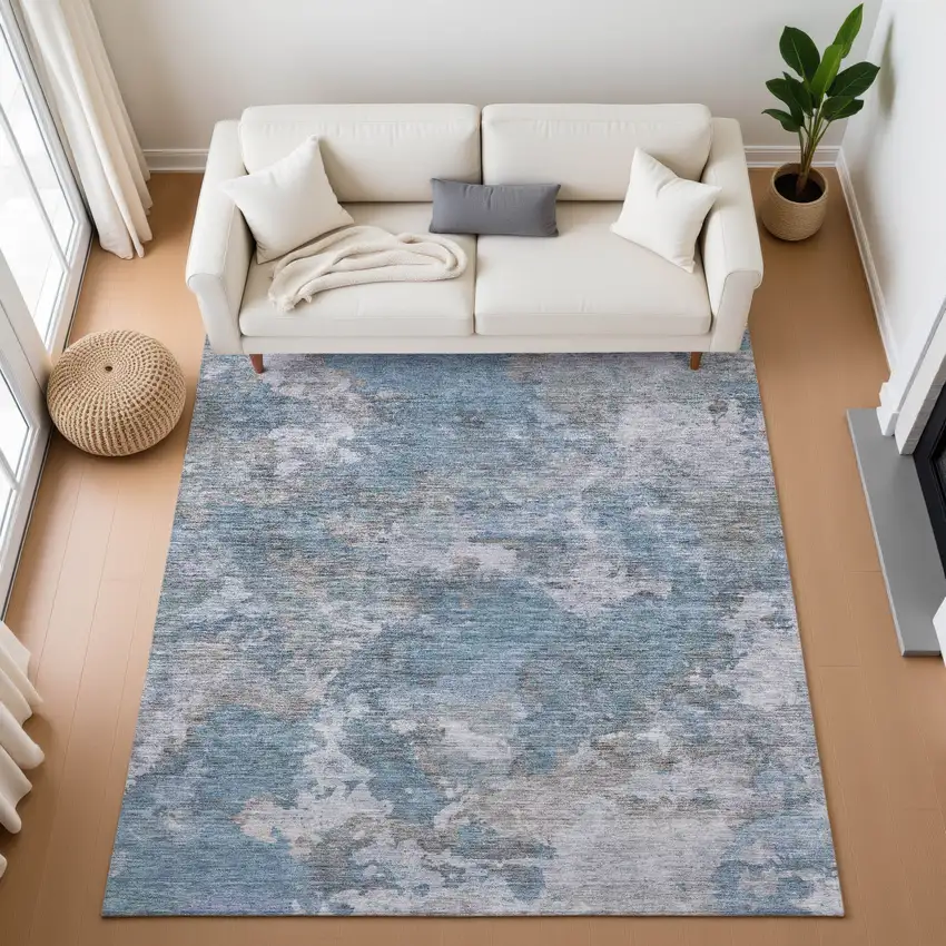 Denim Blue And Gray Abstract Washable Area Rug With UV Protection Photo 5
