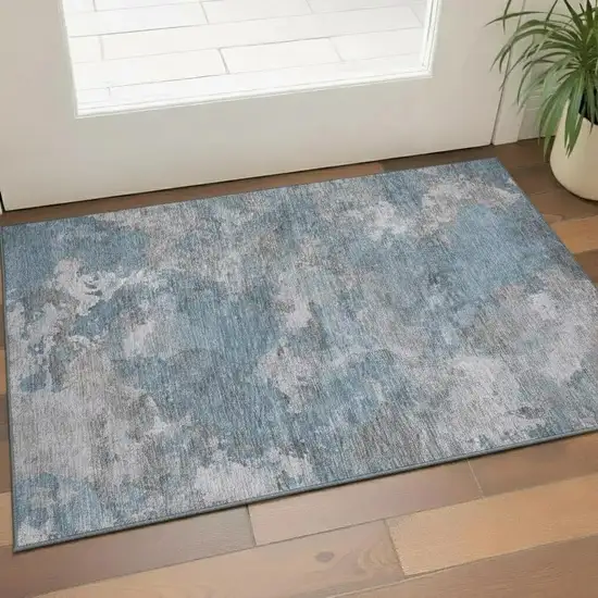 Denim Blue And Gray Abstract Washable Area Rug With UV Protection Photo 2